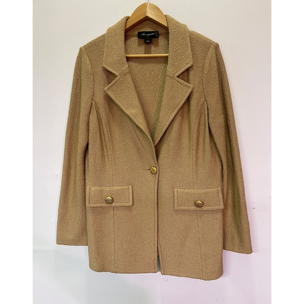 St John Blazer Brown knit gold accent buttons Sz 12